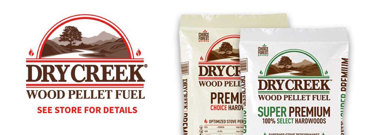 Dry Creek Wood Pellet Fuel logo with Dry Creek bags